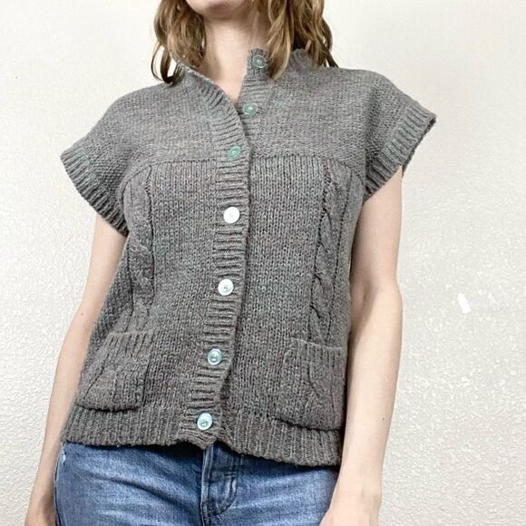 Vintage Blue Grey Knit Short Sleeve Button Up Sweater - Picture 1 of 5